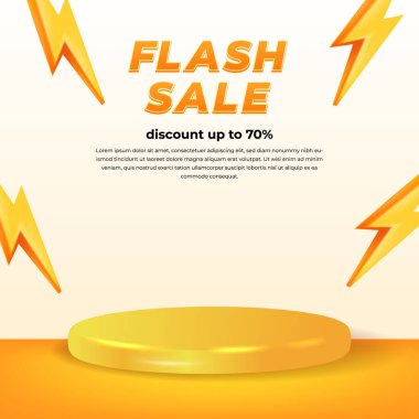 flaş satışı, sosyal medya pazarlama indirimi tanıtımı için 3D yıldırımlı ve podyum sahne ürünü sergilenen afiş sunar