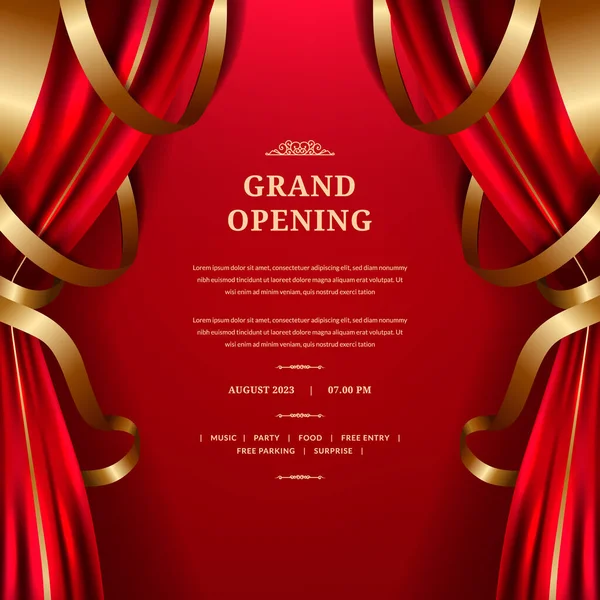 Slavnostní Otevření Červenou Oponou Zlatou Ornamentální Výzdobou Plakát Oznámení Party — Stockový vektor