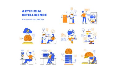 İnsan görev illüstrasyonunun ui web sayfası için çift ton renk biçimi ile ayarlanmasına yardımcı olmak için robot makine öğrenme hesaplamalarıyla yapay zeka gelecekteki teknolojisi