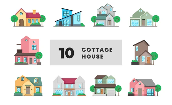 Ensemble Cottage Moderne Maison Hypothèque Immobilier Logement Appartement Façade Design — Image vectorielle