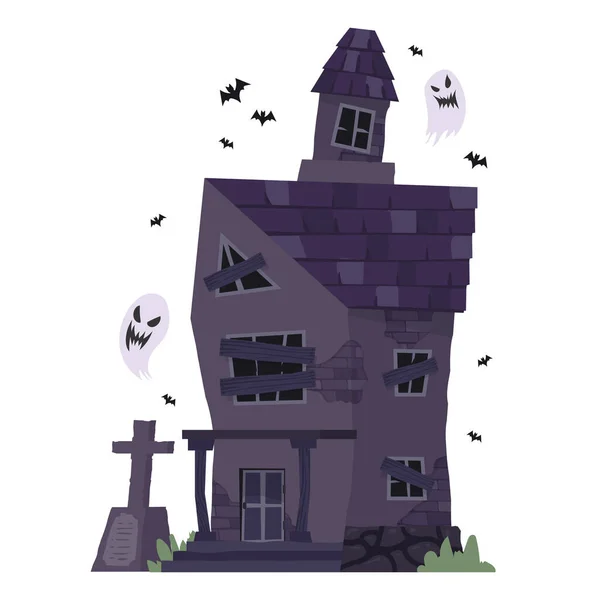 Creepy Haunted House Castle Mansion Abandoned Home Ghost Bat Halloween — Stock Vector