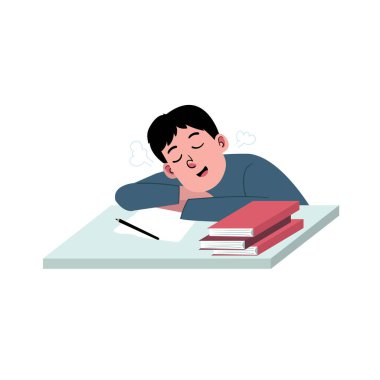 Çocuk, ders çalışmak için masa başında ders çalışırken uyuyordu.