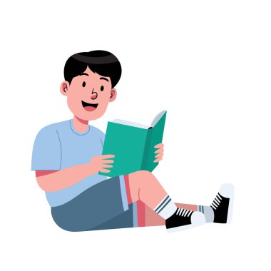 Kitap okuyan mutlu çocuk bilgi için mutlu bir yüz çizimi ile rahatla.