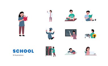 Okul kolajı illüstrasyonunda çeşitli aktiviteleri olan sevimli çizgi film eğitim seti