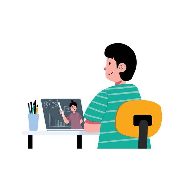 Çocuk Masada Oturup Bilgisayardan Tabletten Mutlu Yüz Çizimi Ile Çevrimiçi — Stok Vektör