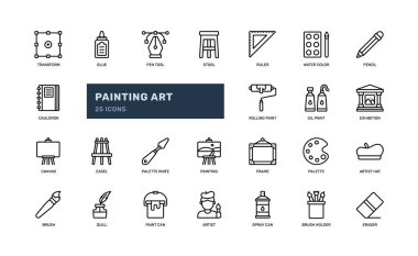 resim sanatçısı sergisi ince çizgi simgesi seti