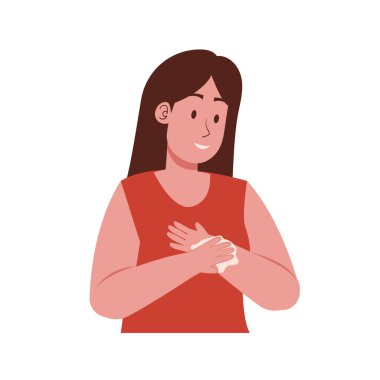 Kadın cilt hassas tedavide güzellik dermatolojisi illüstrasyonu için eline losyon kremi sürer.