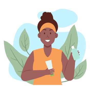 Satılık cilt bakım ürünü gösteren siyah bir kadın. Rutin tedavi gösterimi süslemeyi bırakıyor.