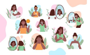 Sağlıklı cilt bakımı için siyah kadın cilt sorunu ve cilt rutini. Yaprak süsleme seti.