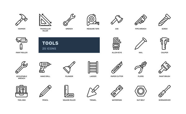Tools repair maintenance tool kit mechanic detailed outline line icon set