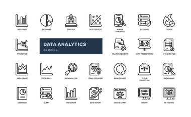 Büyük veri yorumlaması için veri analizi istatistiği ayrıntılı çizgi simgesi seti