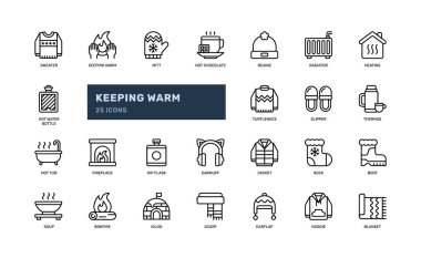 keeping warm winter fashion and household warmer detailed outline line icon set clipart