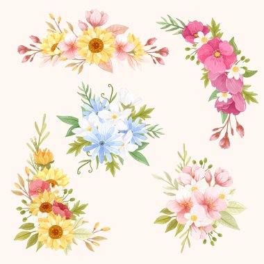 Çiçek eşyalar düğün davetiyesi veya suluboya tarzıyla ilgili güzel kadın için dekorasyon düzenliyor