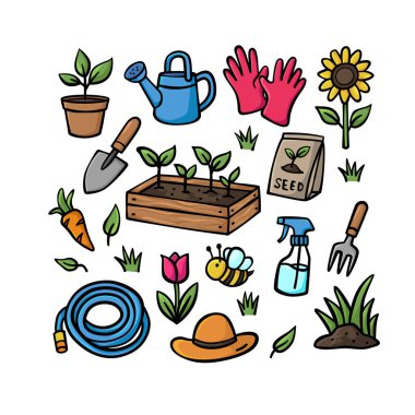 Tools, Plants, Flowers, ve Tarım veya Tarım Elementleri ile El Çizimi Renkli Bahçe Doodle Set