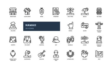 Hawaii tropikal cennet adası yaz tatili ana hat ikonu seti