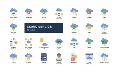 SaaS platform UI bulut bilgi tablosu veya IT işlemleri için ideal Düz stil bulut servis simgesi seti