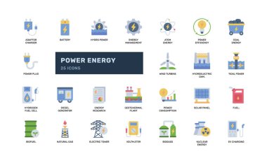 Düz renk biçimli enerji enerji enerji ikonları temiz enerji kaynakları için uygundur. Elektrik yakıtı ve tüketim kavramları