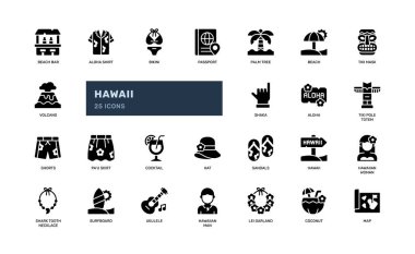 Glyph Hawaii simgesi Aloha Sörf Kokteyli, tiki, yanardağ maskeli, ukulele, hindistan cevizi ve turizm kültürü ve tatil projeleri için palmiye ağacı.