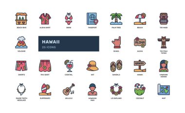 Hawaii ikonu seti sahil seyahati aloha tiki maskeli sörf tahtası volkanı ukulele ve tatil turizmi ve kültür projeleri için ley çelengi