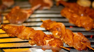 Closeup of shish meat with vegetables 
