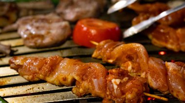 Closeup of shish meat with vegetables 