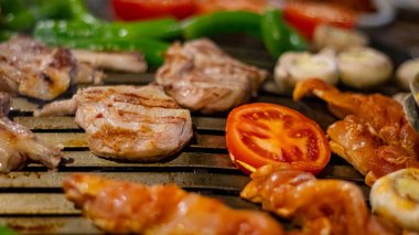 Closeup of shish meat with vegetables 