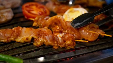 Closeup of shish meat with vegetables 