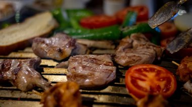 Closeup of shish meat with vegetables 