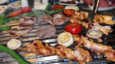 meat and grilled sausages on skewers on a barbecue