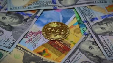 euro banknotes and coins, dollar banknotes with bitcoin, dirhams with bitcoin