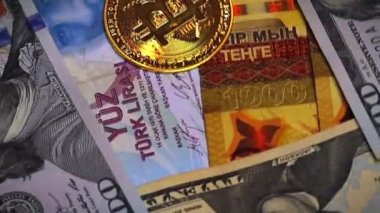 euro banknotes and coins, dollar banknotes with bitcoin, dirhams with bitcoin