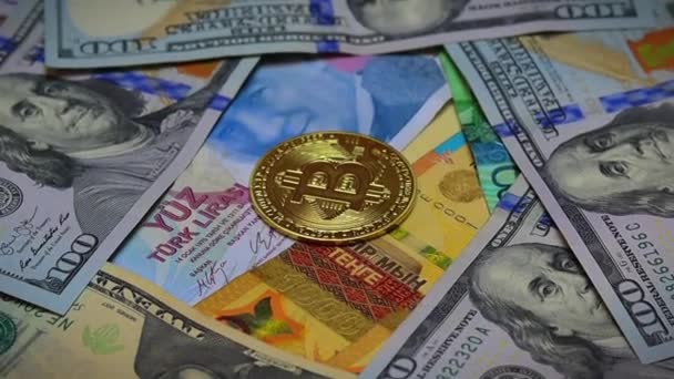 Euro Banknotes Coins Dollar Banknotes Bitcoin Dirhams Bitcoin — Αρχείο Βίντεο