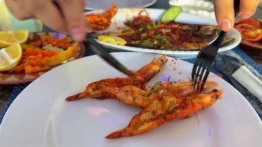 Seafood, barbecue fish with shrimps on a plate