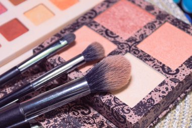 Cosmetic.Makeup.Eye-shadow with blush with pink powder.