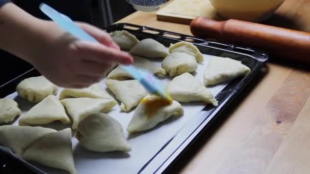 Smearing Samsa Yolk Brush Homemade Cakes Uzbek Samsa Envelopes Stuffed — Stock video