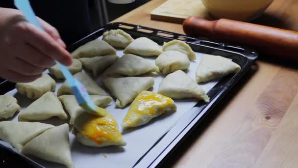 Smearing Samsa Yolk Brush Homemade Cakes Uzbek Samsa Envelopes Stuffed — 图库视频影像