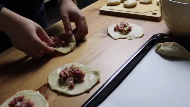 Female Hands Put Minced Meat Filling Puff Pastry Homemade Food — Wideo stockowe
