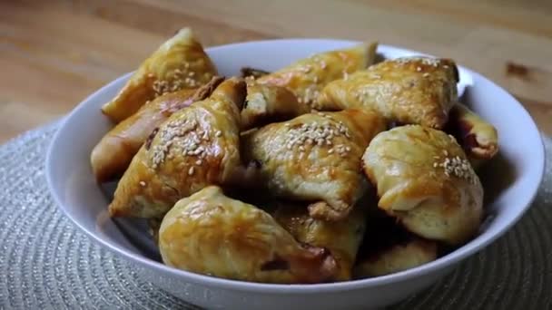 Freshly Baked Samsa White Cup Envelopes Meat Pastries White Cup — Video