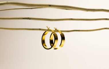 golden rings with gold beads on a white background. close--up.