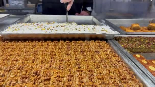Oriental Sweets Display Arabic Pastries — Stock Video