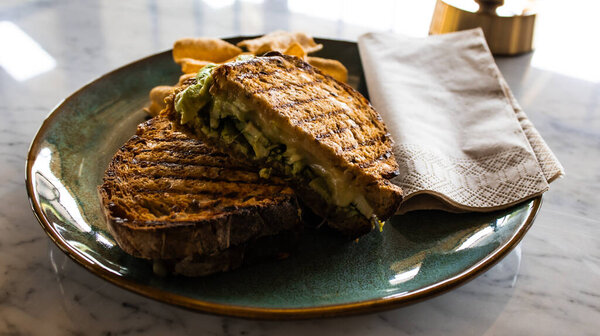 Sandwich with chicken on the plate. High quality photo