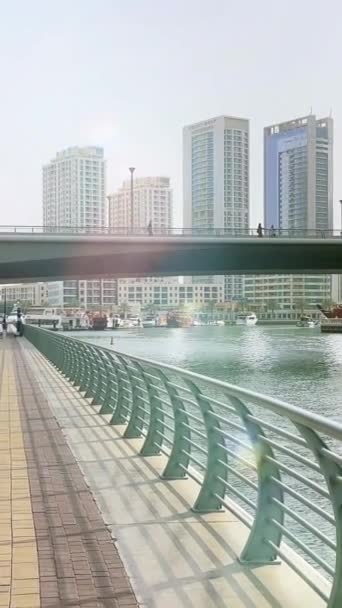 Dubai Jachthaven Gebied Stadswandeling Jachthaven Lopen Promenade Met Jacht Hoge — Stockvideo