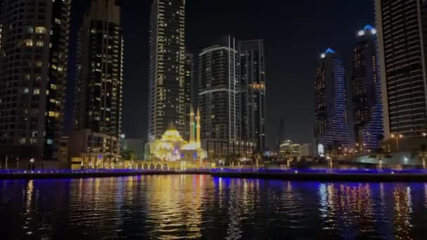 Widok Nocny Dzielnicę Dubai Marina Wysoki Poziom Światła Budynków Nocy — Wideo stockowe