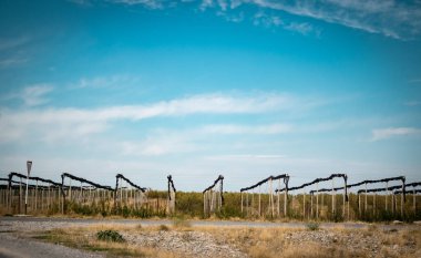 Sonbaharda mavi gökyüzü olan bozkır manzarası, sonbaharda bozkır manzarası, sabahları yol, Dağ yolu, Kazakistan yolu ve doğa. Yüksek kalite fotoğraf
