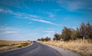 Sonbaharda mavi gökyüzü olan bozkır manzarası, sonbaharda bozkır manzarası, sabahları yol, Dağ yolu, Kazakistan yolu ve doğa. Yüksek kalite fotoğraf