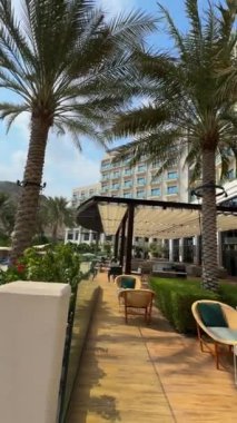 Palmiye ağaçları ve deniz manzaralı güzel bir otel.