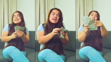 Dikey görüntüler, gülümseyen kadını heyecanlandırdı. Nakit para, 1000 Amerikan doları banknotlar, yakın çekim, gelir, kazanan ve iş konsepti. Yüksek kalite 4k görüntü
