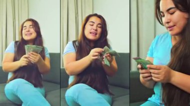 Dikey görüntüler, gülümseyen kadını heyecanlandırdı. Nakit para, 1000 Amerikan doları banknotlar, yakın çekim, gelir, kazanan ve iş konsepti. Yüksek kalite 4k görüntü
