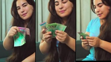 Dikey görüntüler, gülümseyen kadını heyecanlandırdı. Nakit para, 1000 Amerikan doları banknotlar, yakın çekim, gelir, kazanan ve iş konsepti. Yüksek kalite 4k görüntü