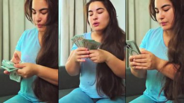 Dikey görüntüler, gülümseyen kadını heyecanlandırdı. Nakit para, 1000 Amerikan doları banknotlar, yakın çekim, gelir, kazanan ve iş konsepti. Yüksek kalite 4k görüntü